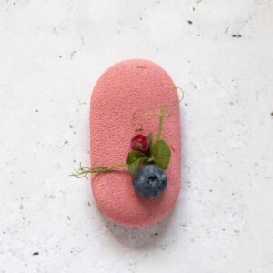 A pink raspberry mousse tart garnished with berries