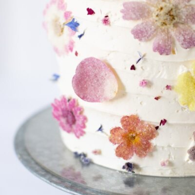 Sugared petals on a cake